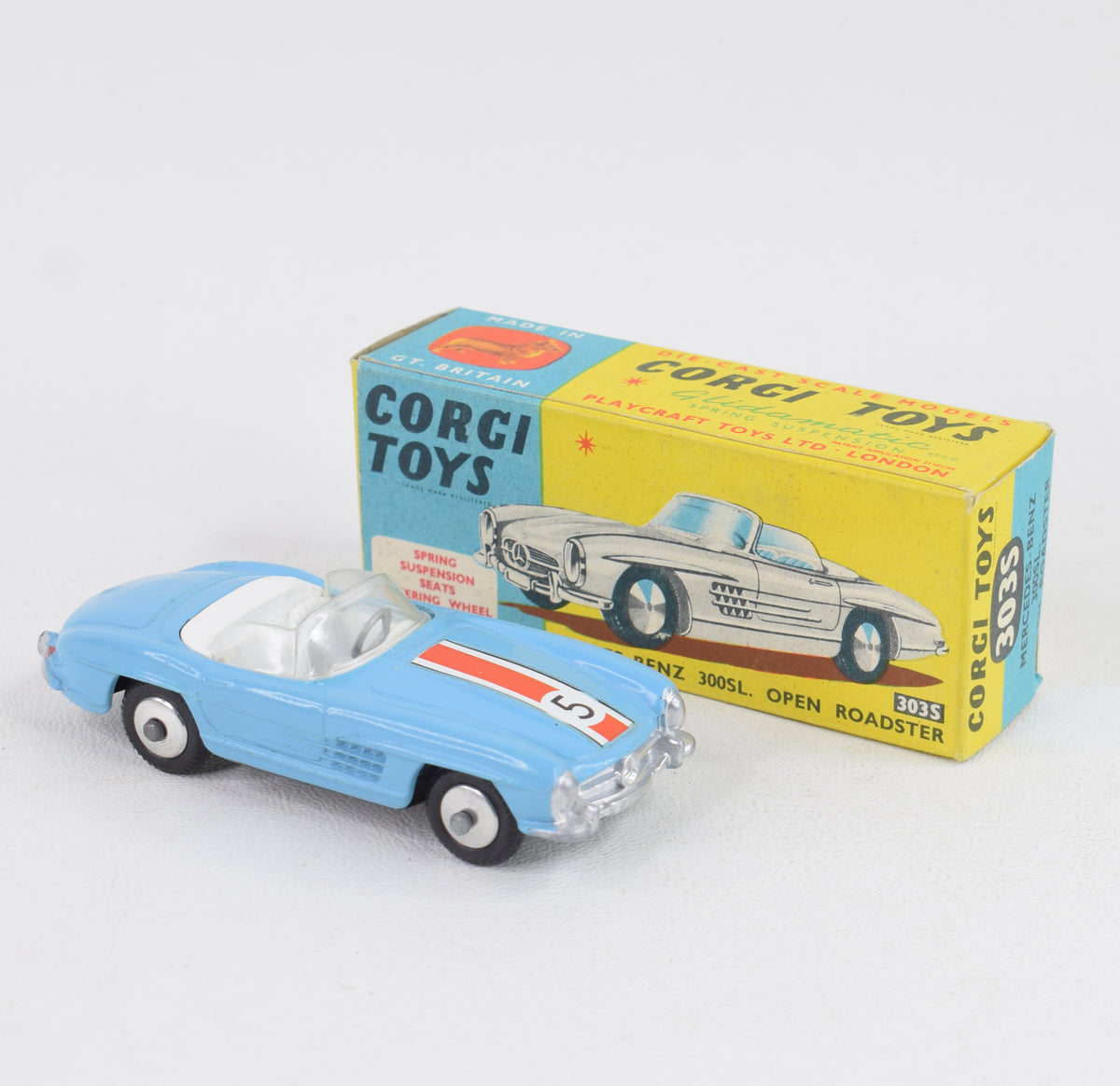 Corgi toys 303s Mercedes-Benz 300sl Roadster (Flat hubs/white interior) Virtually Mint/Nice box