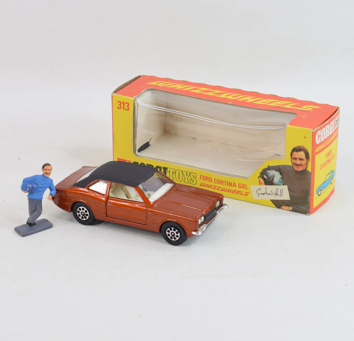 Corgi toys 313 Graham Hill Cortina Virtually Mint/Nice box (Pepper pot whizzwheels)