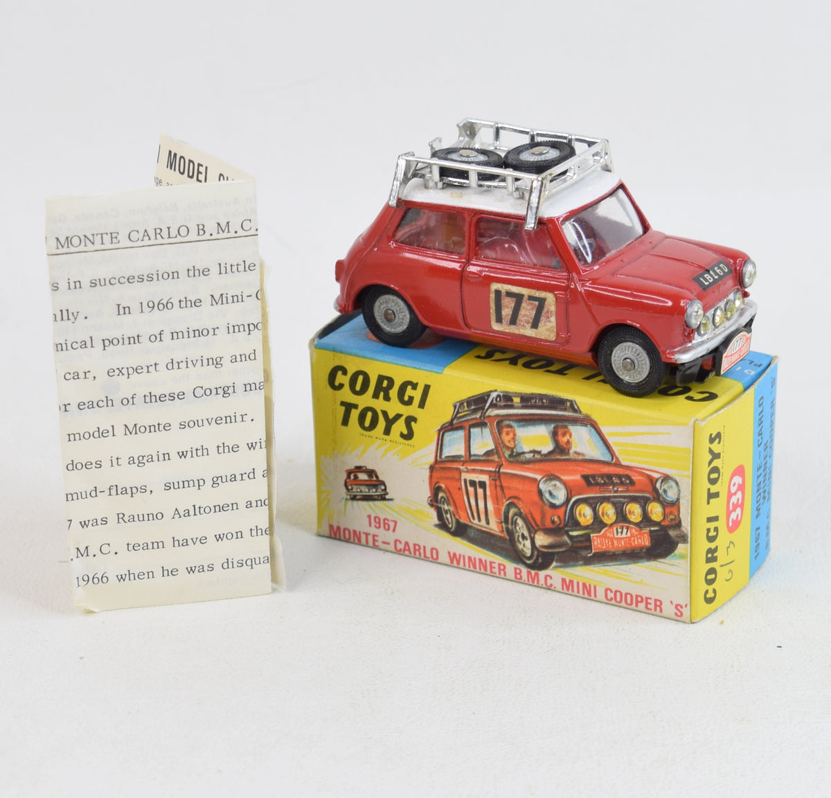 Corgi Toys 339 Austin Monte Carlo Mini Cooper 'S'. Virtually Mint/boxed (Factory error - fitted with 485 roof rack)