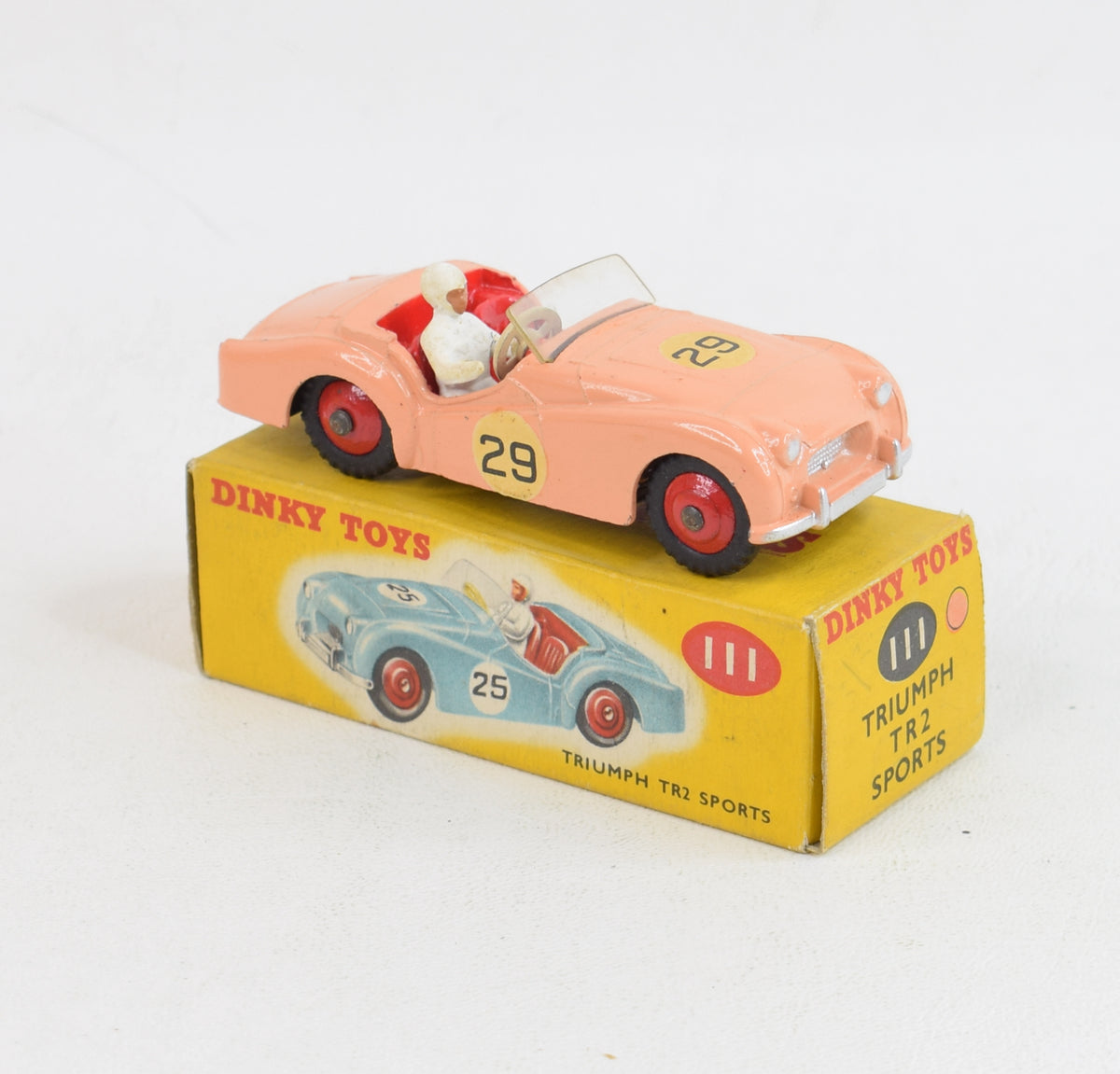 Dinky toys 111 Triumph Tr2 Virtually Mint/Nice box (red hubs/red interior)