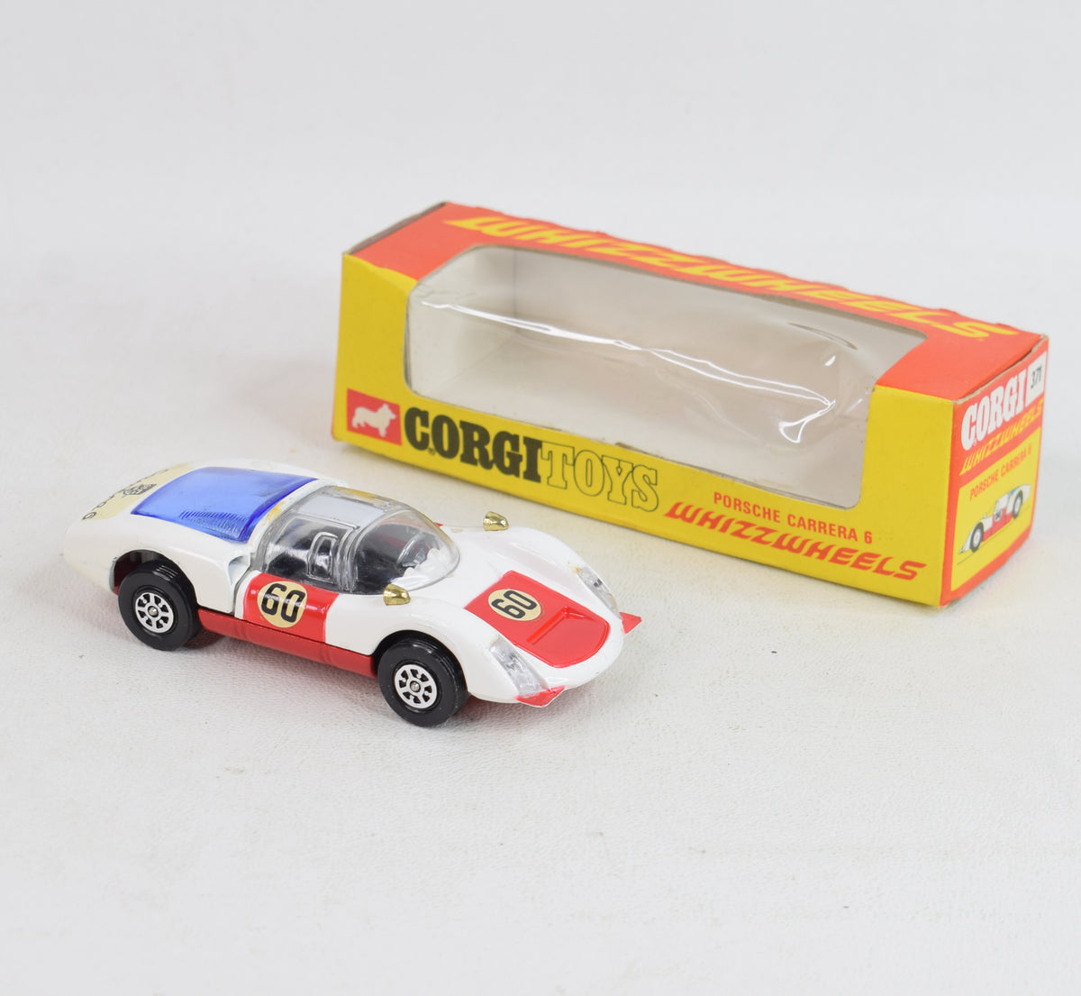 Corgi toys 371 Porsche Virtually Mint/Nice box (light blue blue engine cover)