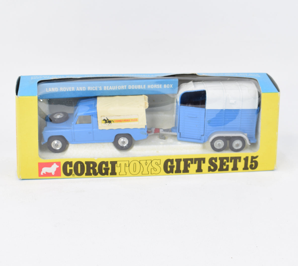 Corgi Toys Gift Set 15  Land-Rover with Rice's horse Trailer Virtually Mint/Nice box (Shaped hubs)