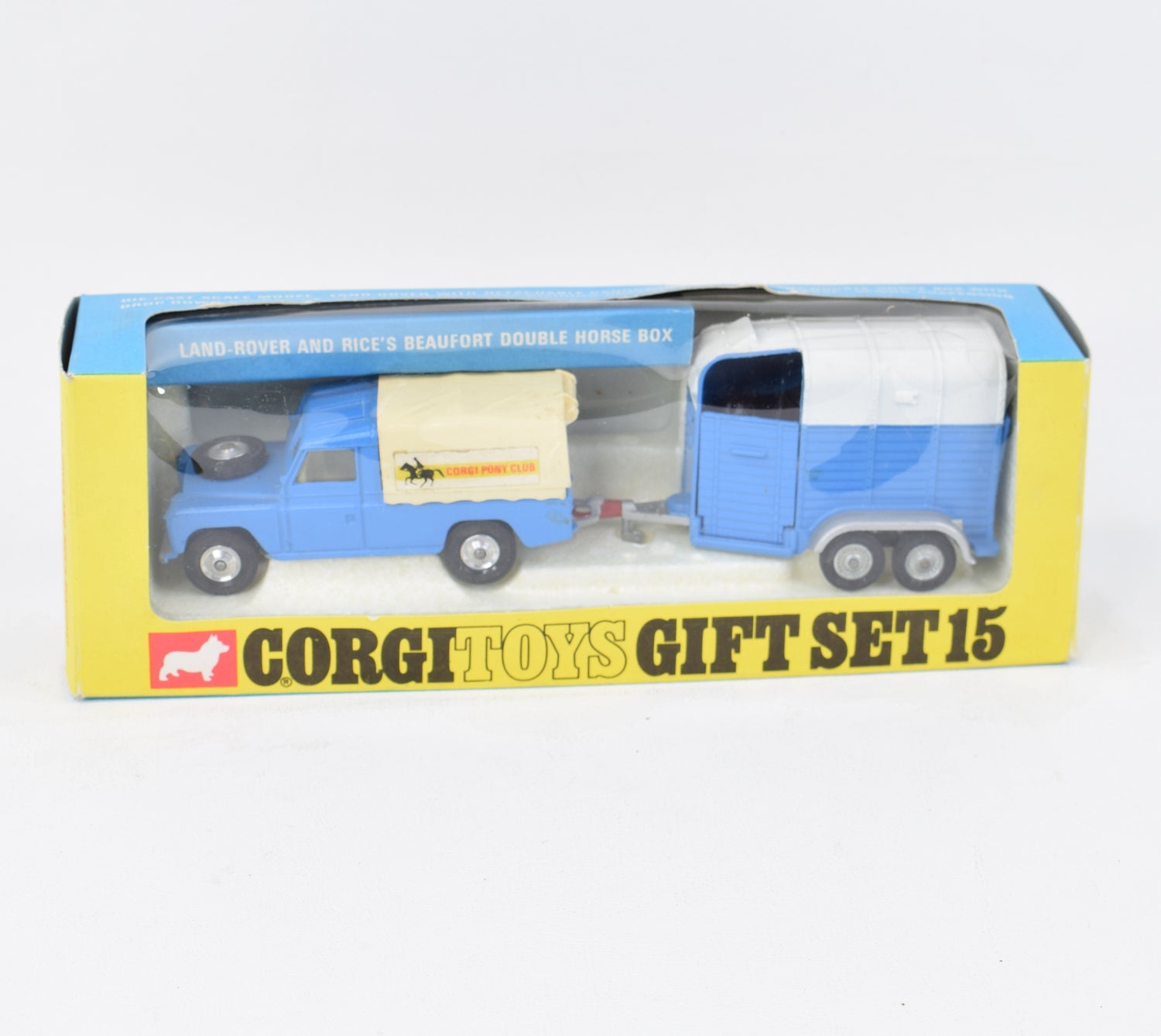 Corgi Toys Gift Set 15  Land-Rover with Rice's horse Trailer Virtually Mint/Nice box (Shaped hubs)
