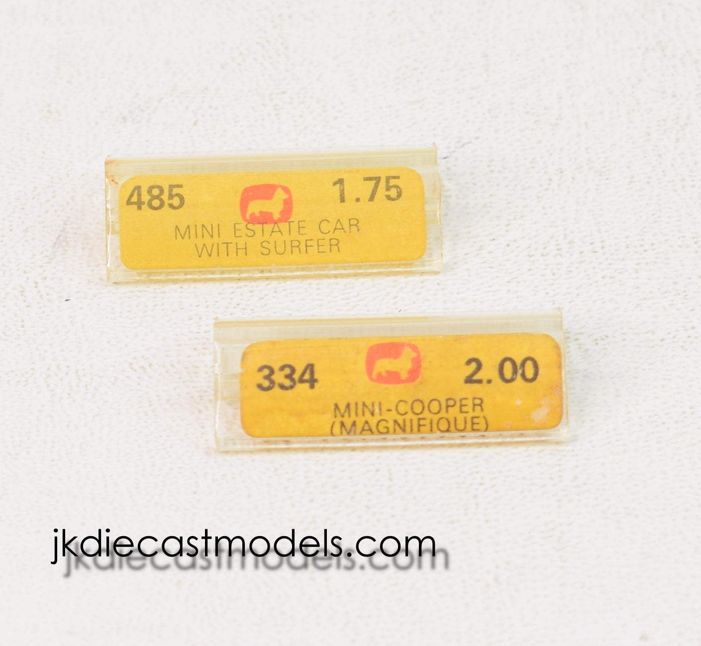 Corgi toys Mini's 334 & 485 Price tab & clip 'Blue & Yellow' Collection (U.S)