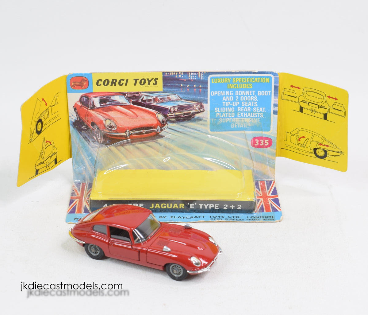 Corgi toys 335 4.2 E type Virtually Mint/Boxed (Rarer box wings) 'Weslake Collection'