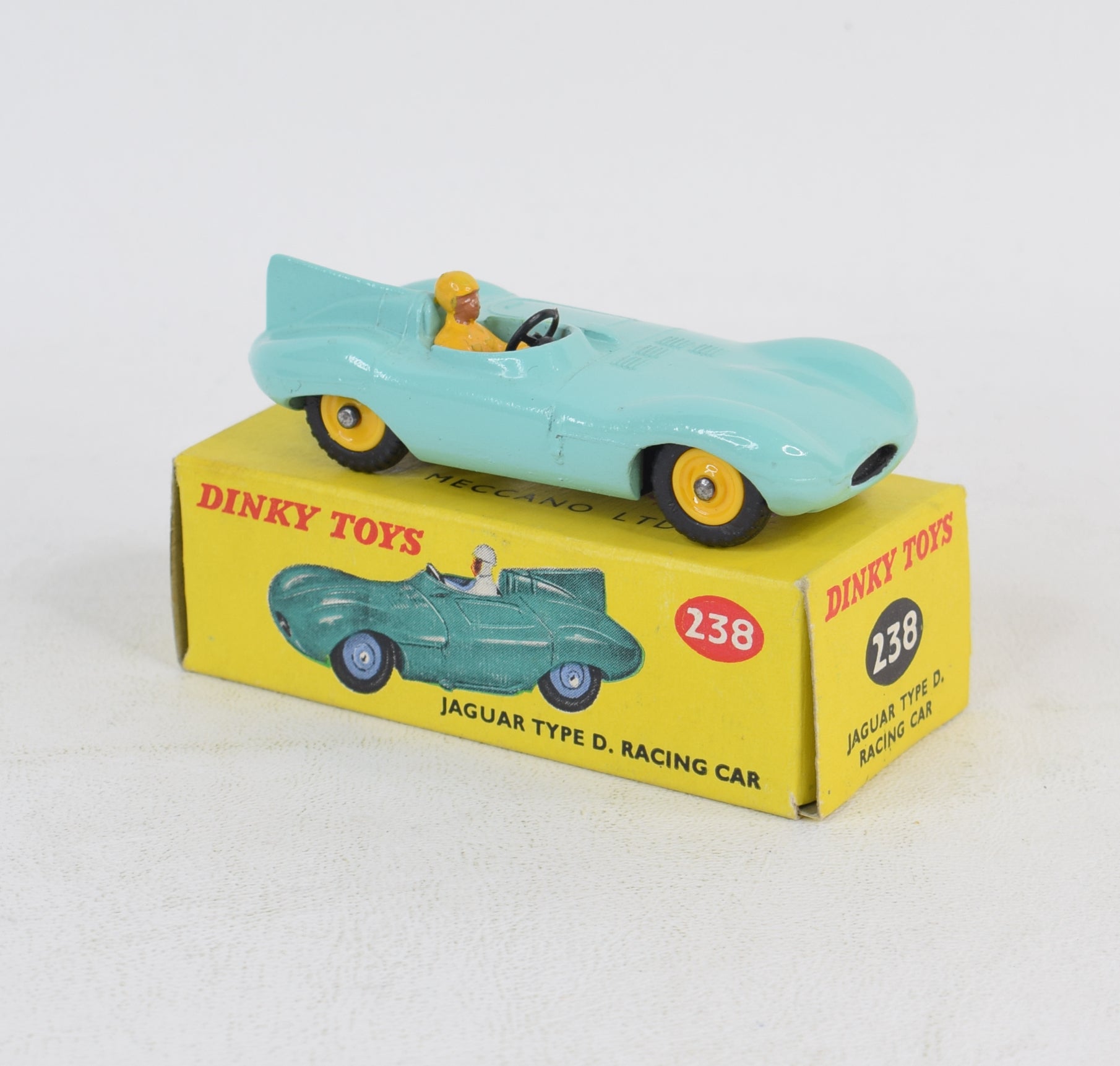 Dinky Toys 238 D type Jaguar Virtually Mint/Nice box (Yellow plastic h ...