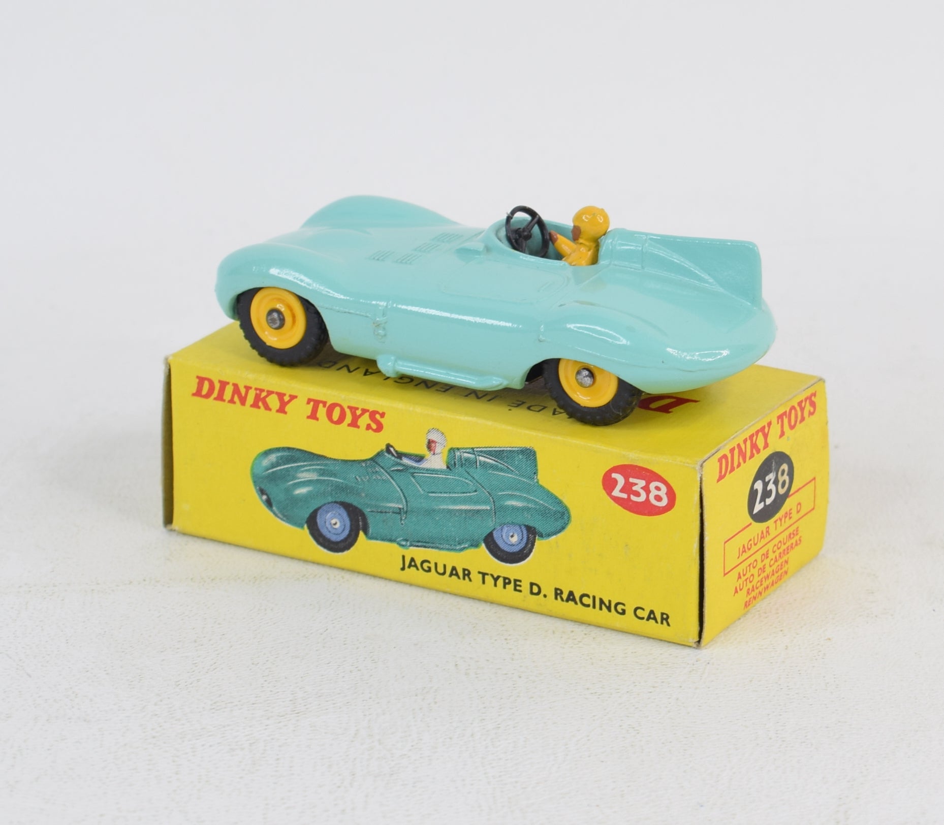 Dinky Toys 238 D type Jaguar Virtually Mint/Nice box (Yellow plastic h ...
