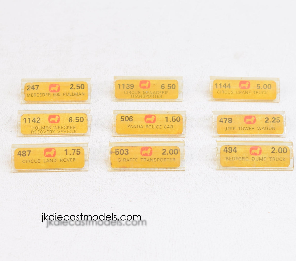 9 x Corgi toys Price tab & clip 'Blue & Yellow' Collection (U.S)