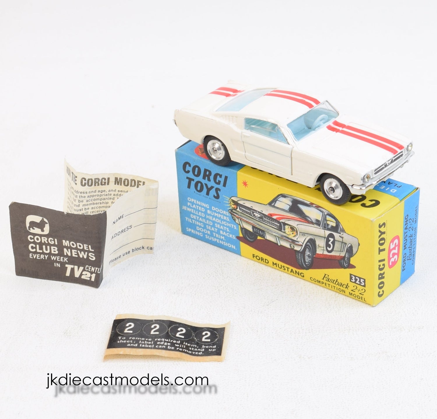 Corgi toys 325 Ford Mustang Virtually Mint/Nice box (Shaped spun hubs)