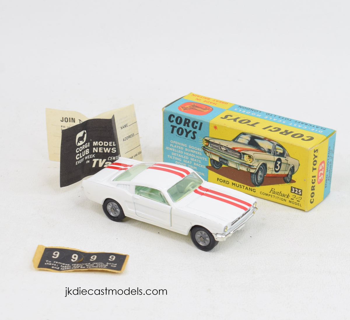 Corgi toys 325 Ford Mustang Virtually Mint/Nice box (Thicker red stripes)