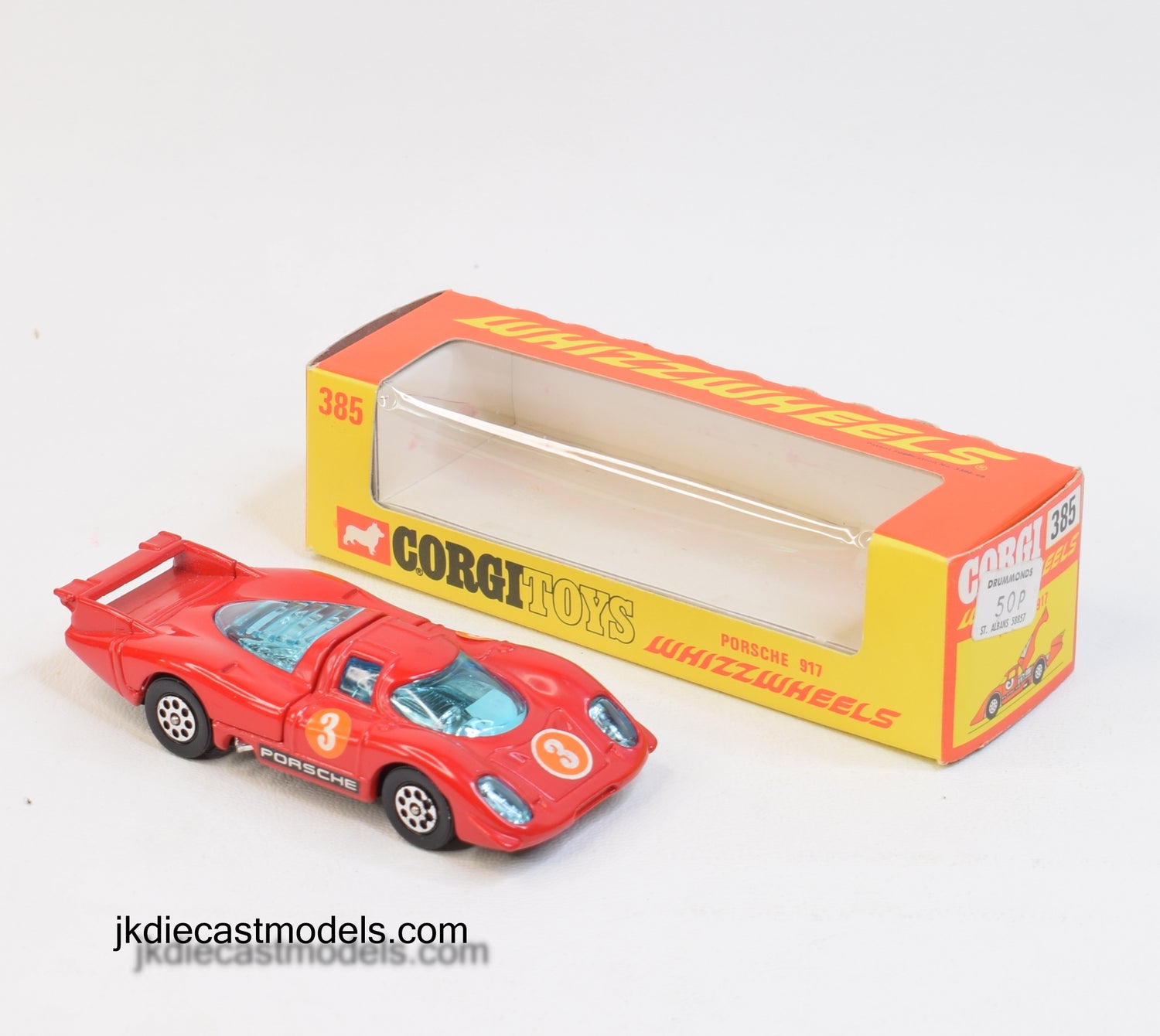 Corgi toys 385 Porsche 917 Virtually Mint/Nice box (Pepper pot style wheels)