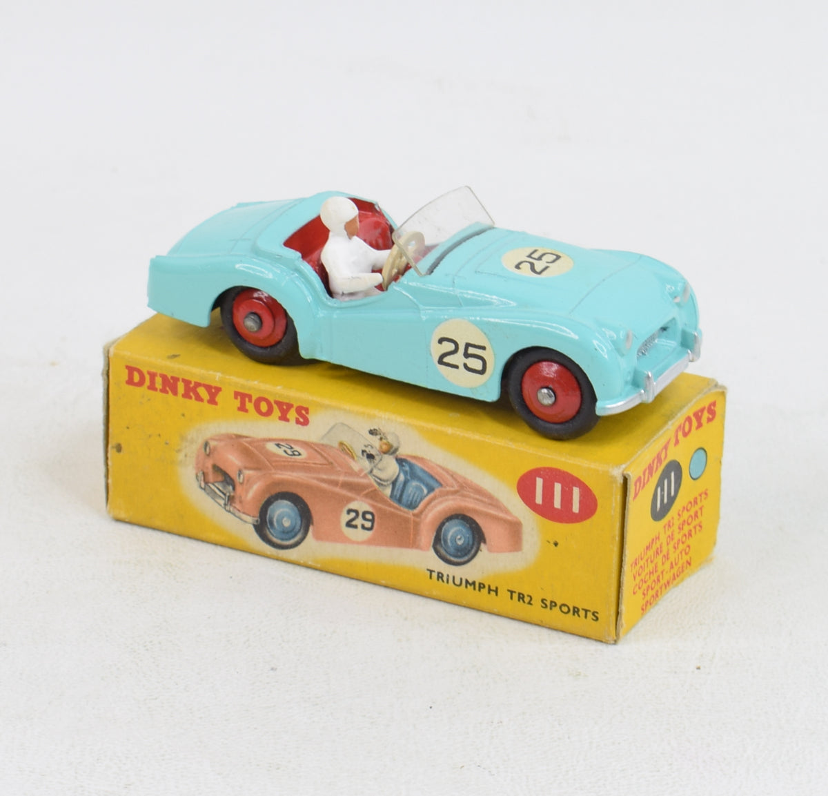 Dinky toys 111 Triumph Tr2 Virtually Mint/Boxed (Rare wing decals/factory error) ''The West London Collection''