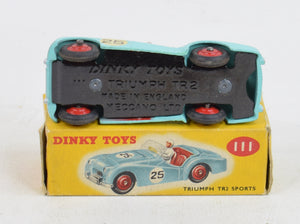 Dinky toys 111 Triumph Tr2 Virtually Mint/Boxed (Rare wing decals/factory error) ''The West London Collection''