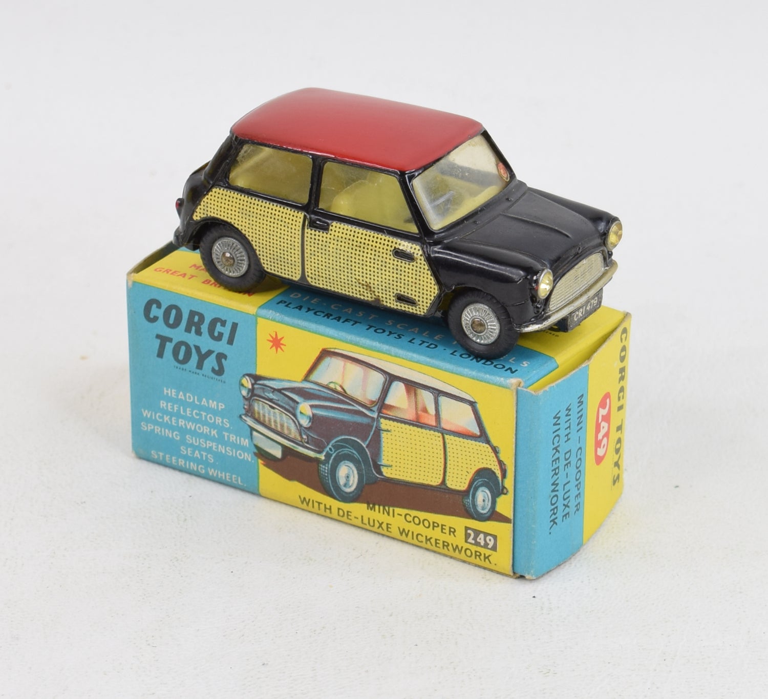 Corgi toys 249 Mini-Cooper Wickerwork Very Near Mint/Boxed (Cast hubs) 