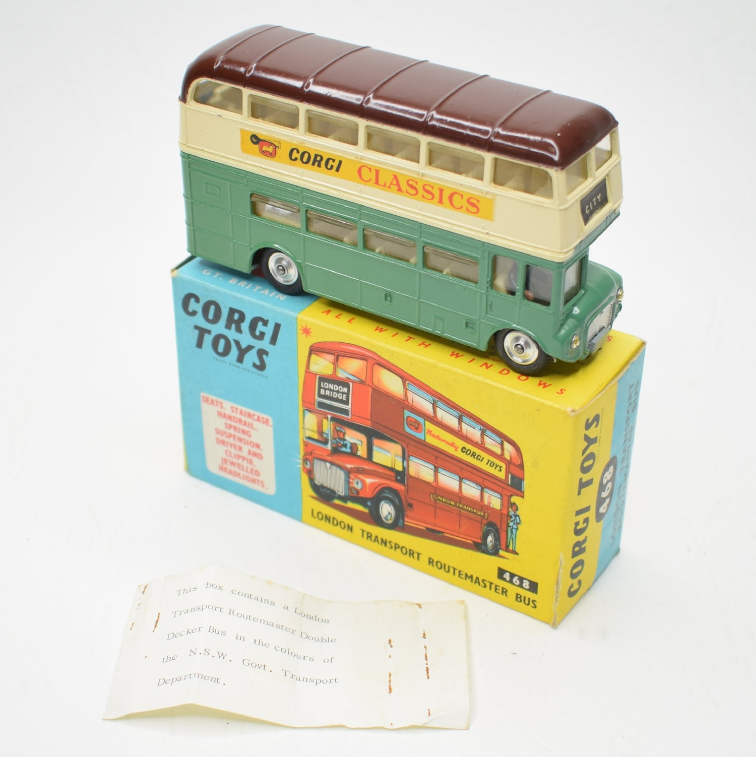 Corgi toys 468 Routemaster Bus New South Wales livery Very Near Mint/Boxed (With model specific slip)