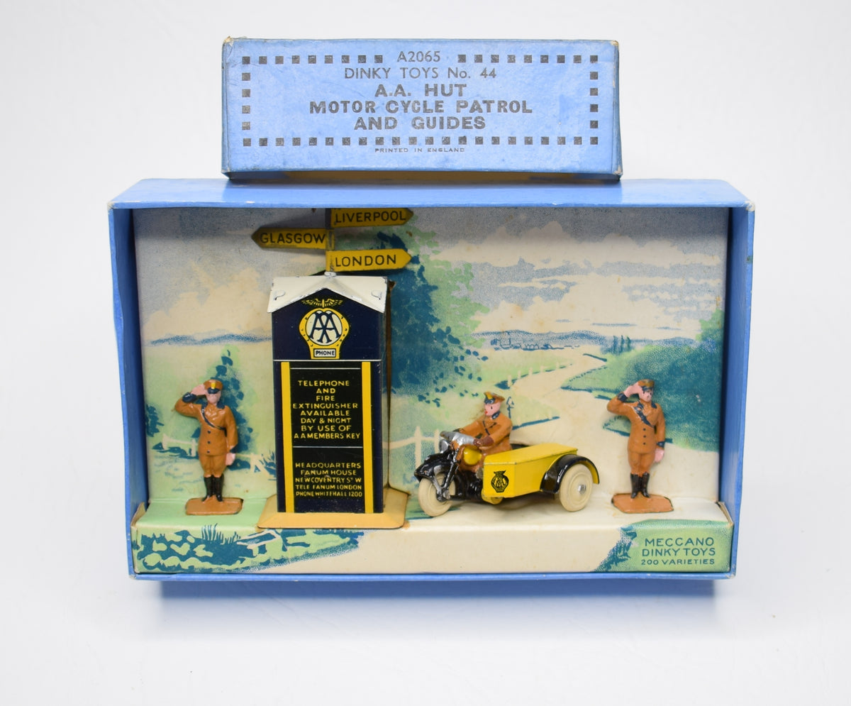 Dinky toys 44 Pre war A.A Hut, Motor Cycle & Guides Very Near Mint/Boxed