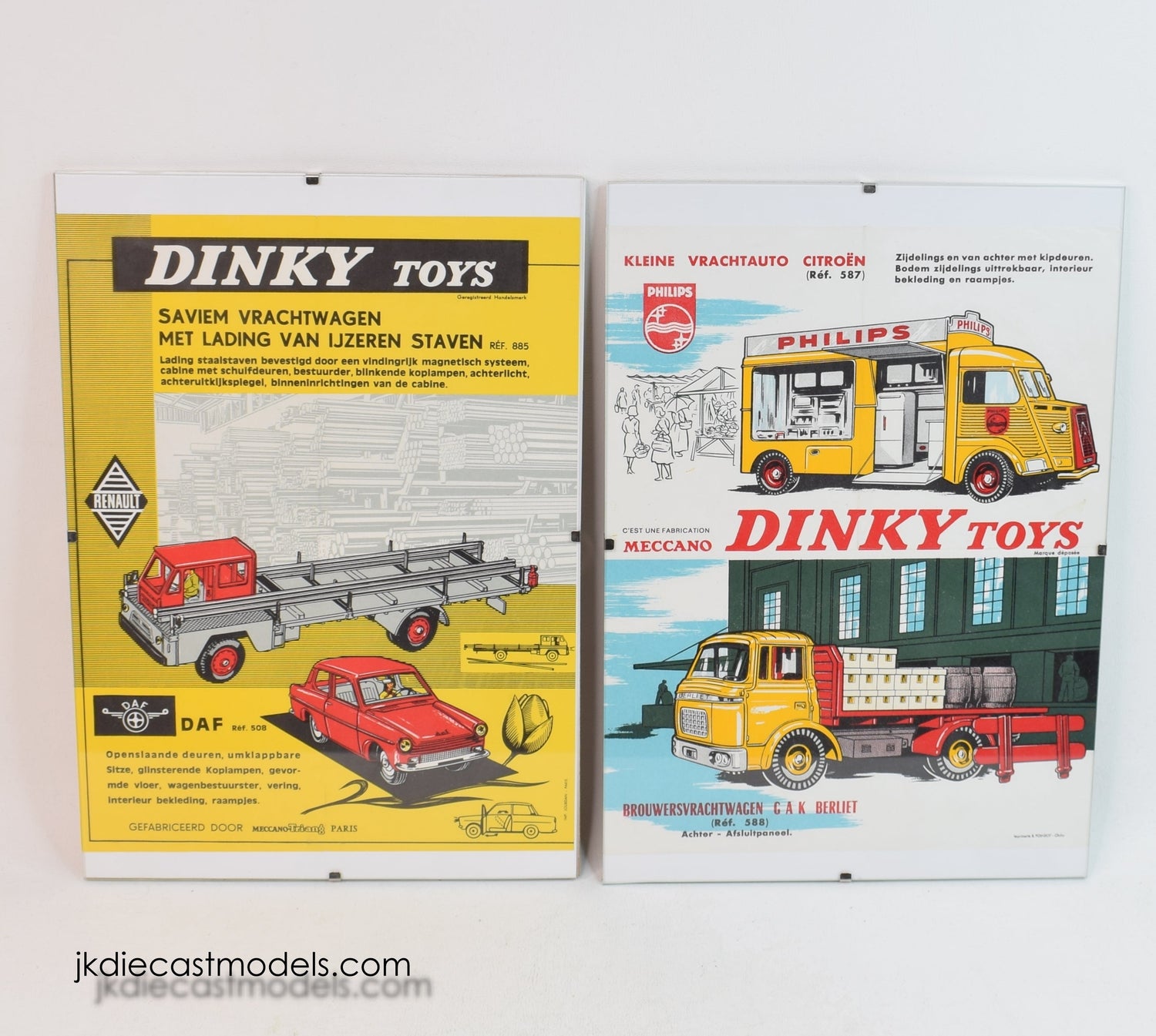 2 x Dutch Dinky Shop Poster/Flyer (885 Pipe carrier, 508 DAF & 587 Philips & 588 Gak)