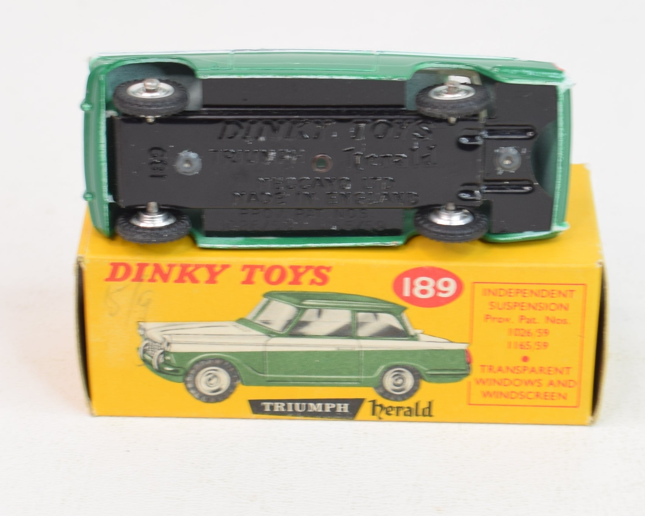 A Rare Dinky Toys 189 Triumph Herald Special Issue, in two tone lower body and roof Lichfield gre A Rare Dinky Toys 189 Triumph Herald Special Issue, in two tone lower body and roof Lichfield gre
