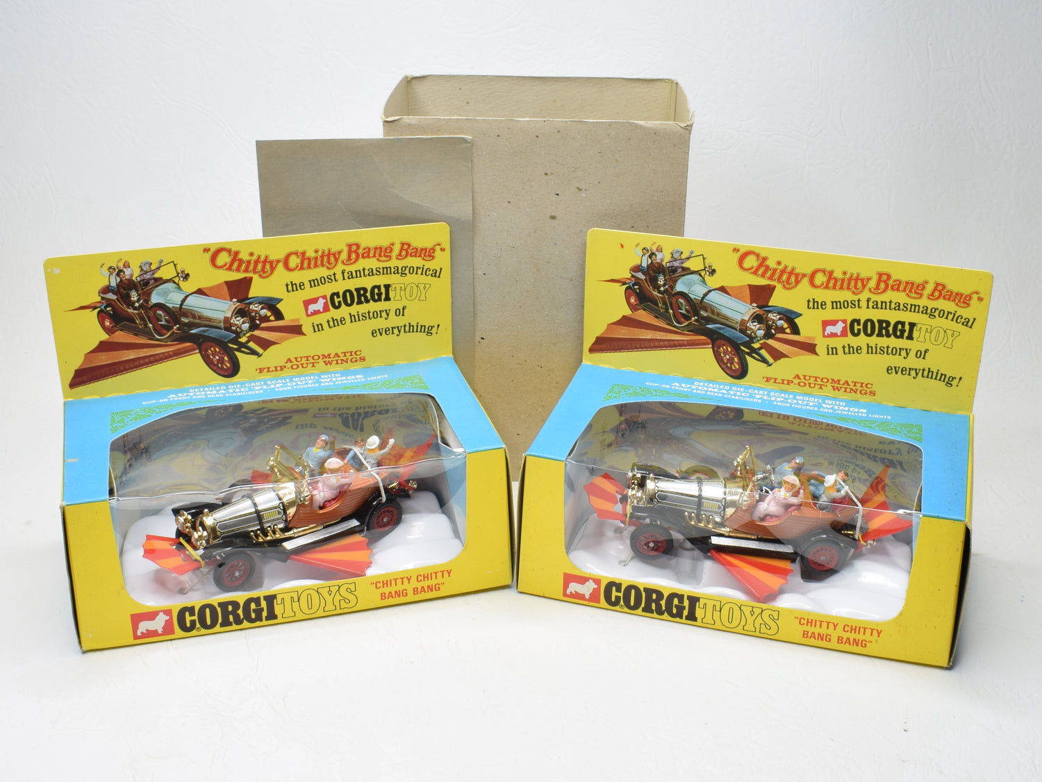 Delivery sleeve of 2 Corgi 266 Chitty Chitty Bang Bang Virtually Mint/Boxed 'Wickham' Collection