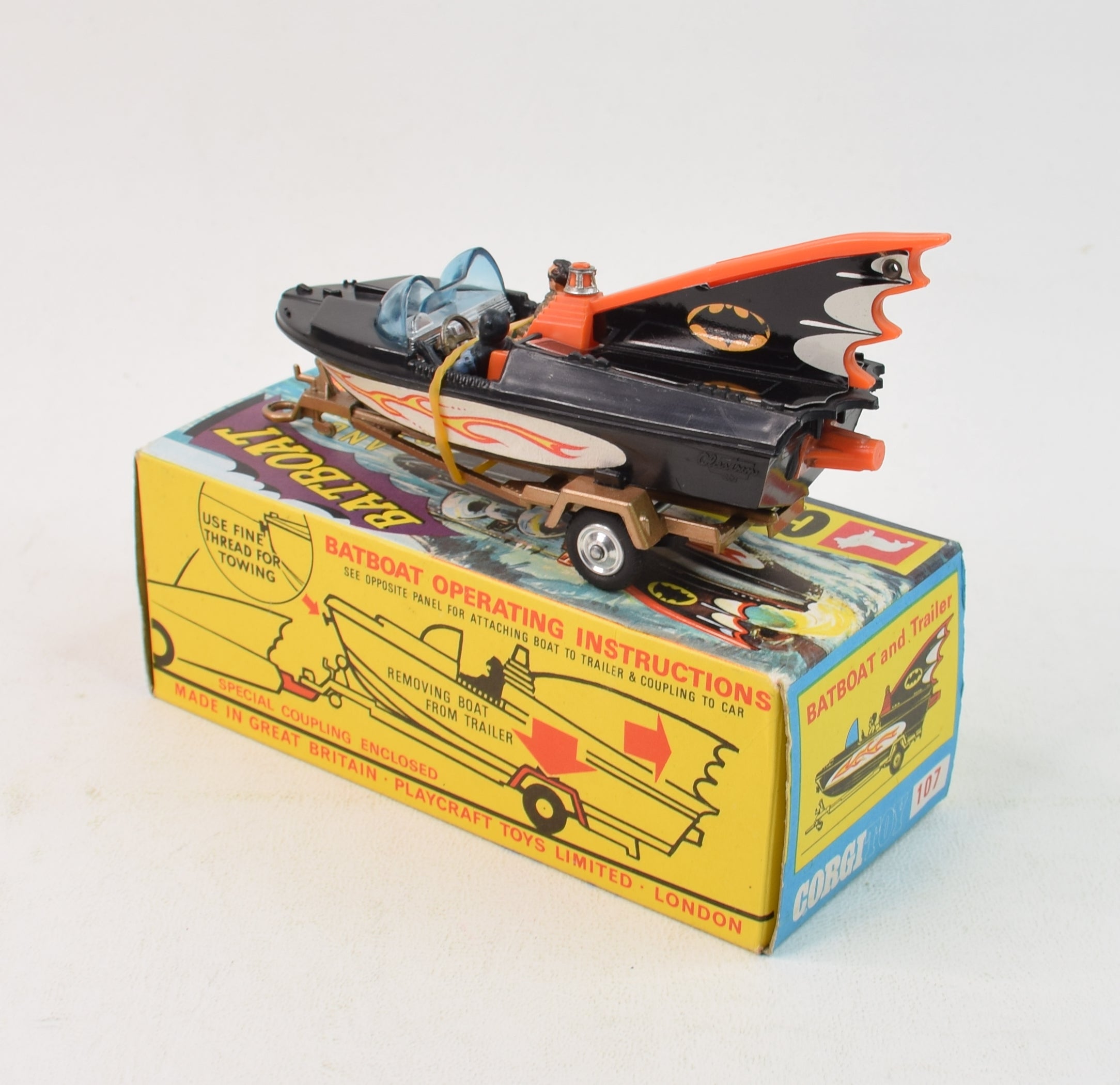 A Corgi Toys No. 107 Batboat And Trailer With Batman And Robin Figures And Trailer Coupling A Corgi Toys No. 107 Batboat And Trailer With Batman And Robin Figures And Trailer Coupling