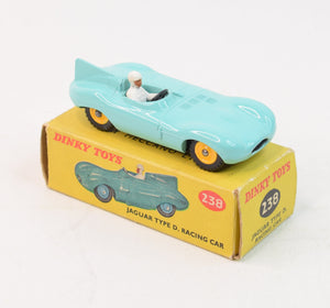 Dinky Toys 238 D type Jaguar Virtually Mint/Boxed (Yellow plastic hubs/white driver)