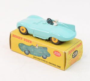 Dinky Toys 238 D type Jaguar Virtually Mint/Boxed (Yellow plastic hubs/white driver)